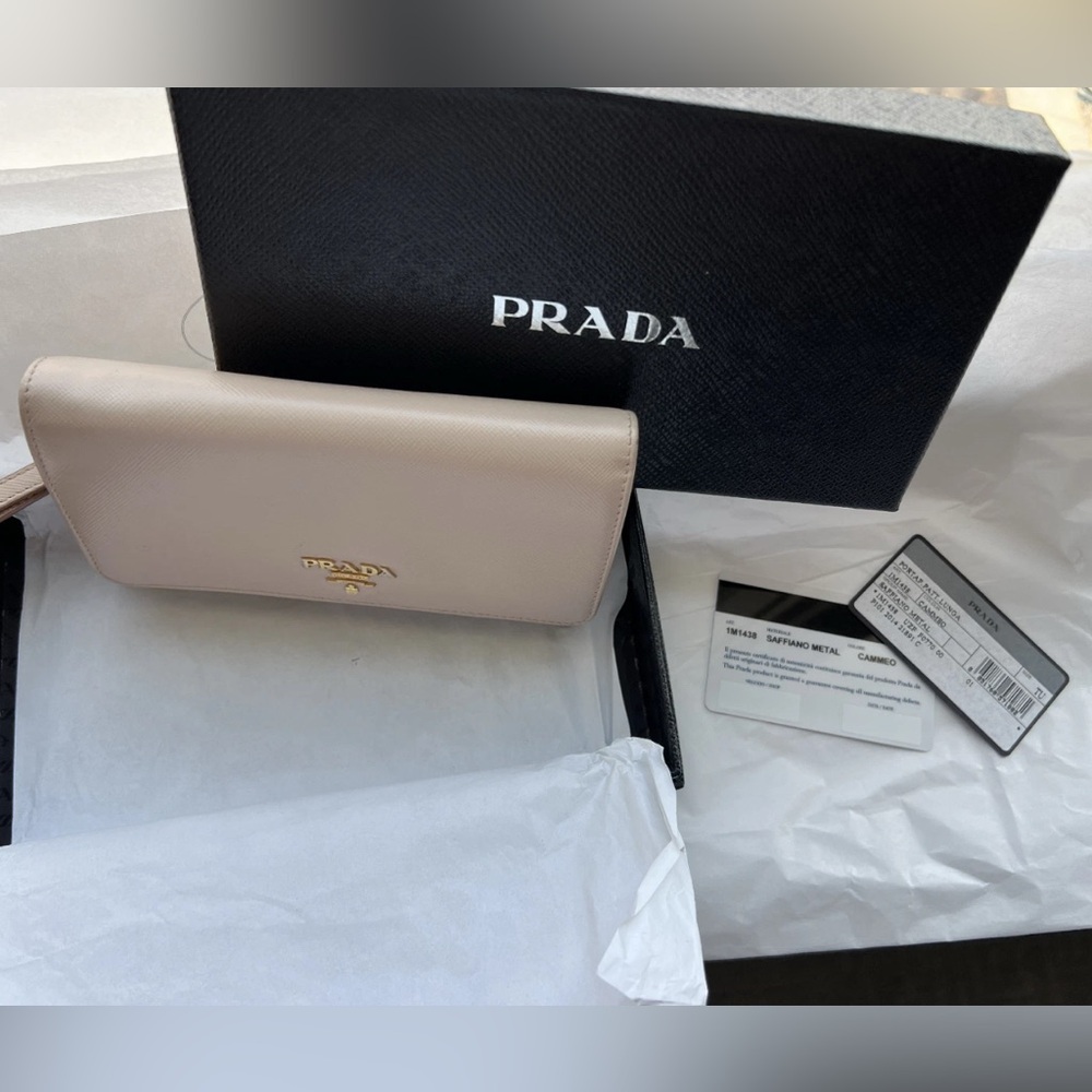 Prada Saffiano Mini Clutch Leather Wristlet Bag with Box